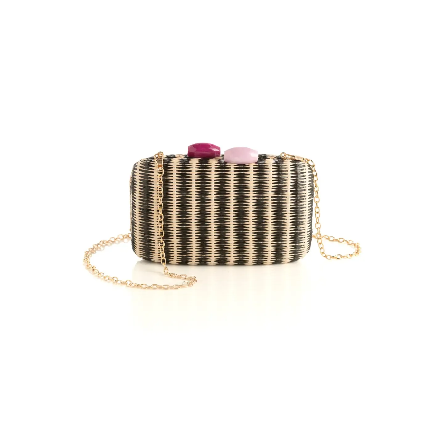 Scala Minaudire  Black & Natural Woven Clutch with Gemstone Closure