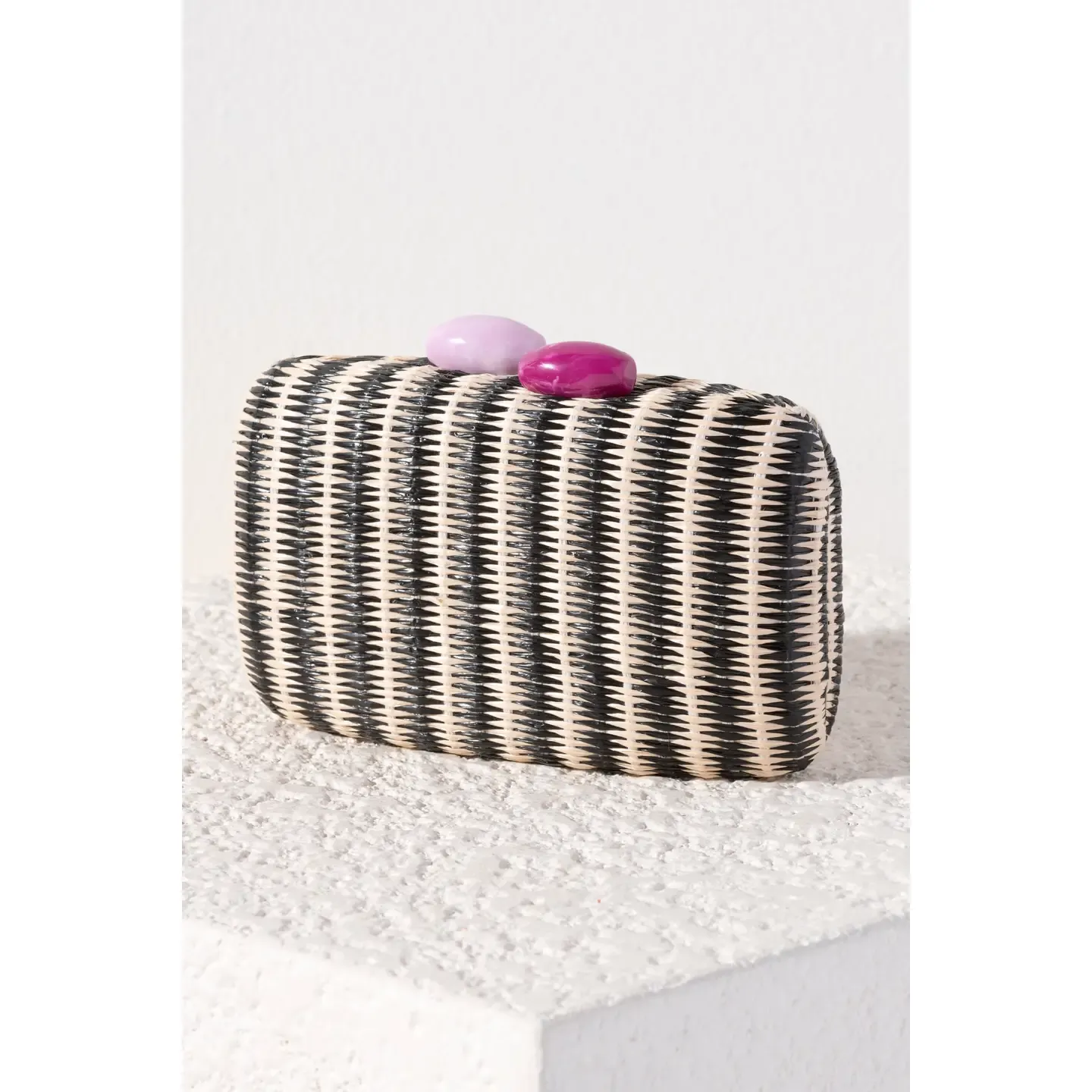 Scala Minaudire  Black & Natural Woven Clutch with Gemstone Closure