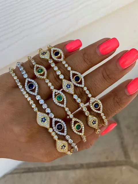 Silver gold plated classic green tennis eye bracelet