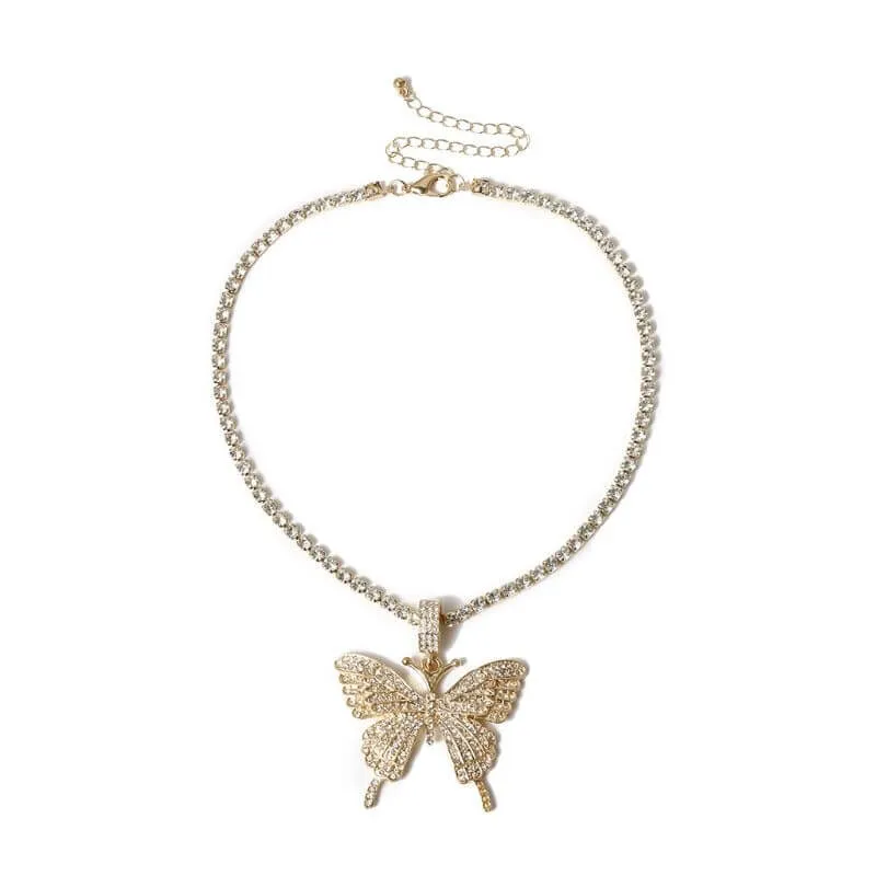 Sparking Fully Iced Out Crystal Pave Butterfly Pendant Cubic Zircon 3D Butterfly Pendant Necklace Fashion Jewelry