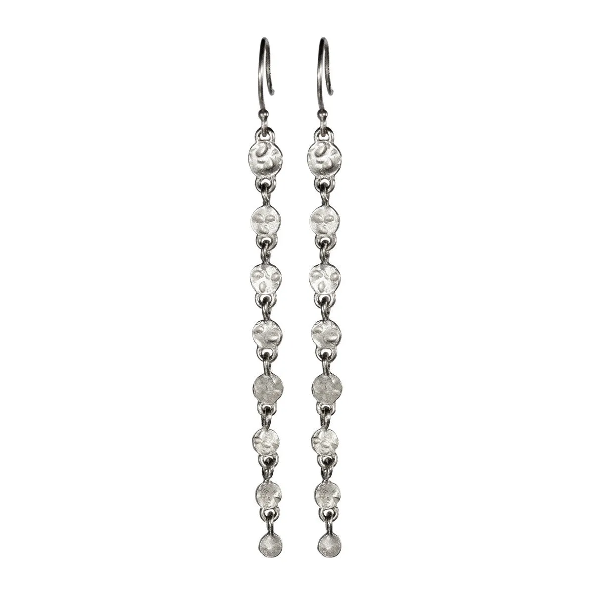 Sterling Silver Long Hammered Disc Earrings